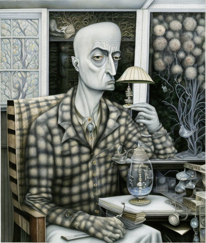 Surreal portrait of a pallid man with exaggerated features and eclectic objects.