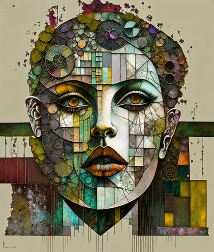 Colorful abstract art featuring geometric and organic face elements