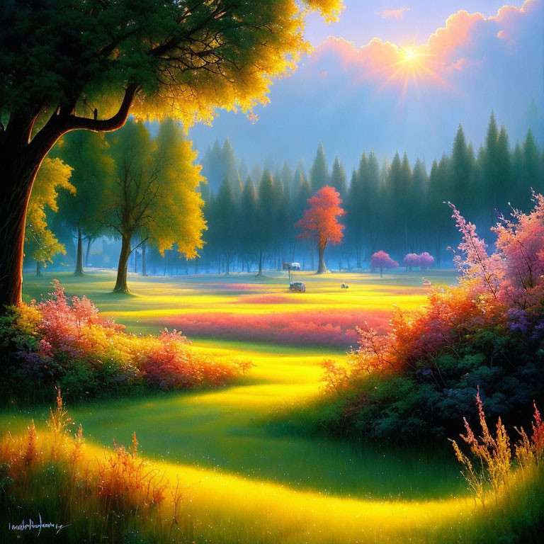 Colorful landscape with sun rays, flowers, trees, and autumn bench