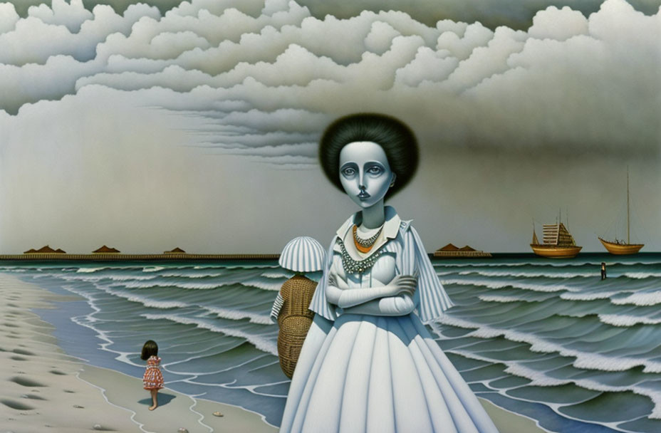 Surreal oversized woman on beach with child and clouds