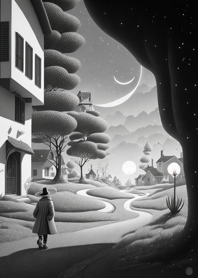 Monochrome illustration of person walking in quaint village under starry night sky