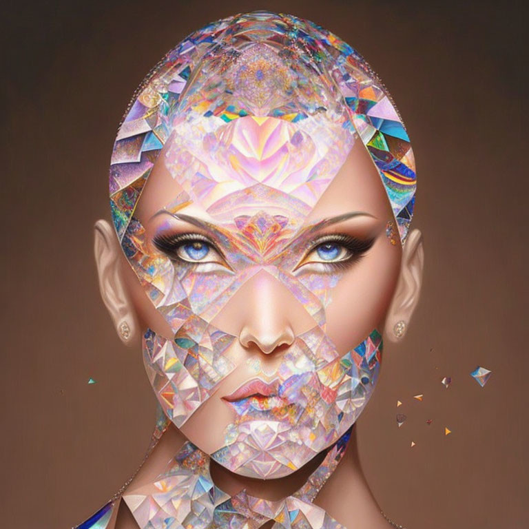 Colorful Crystal Faceted Female Face Artwork on Brown Background