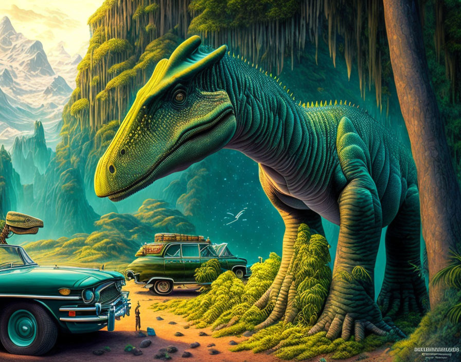 Colorful dinosaur art with vintage cars in prehistoric forest