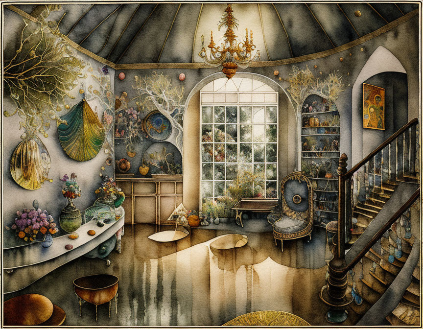 Whimsical room illustration with eclectic decor, grand window, staircase, marine ornaments, plants, unique