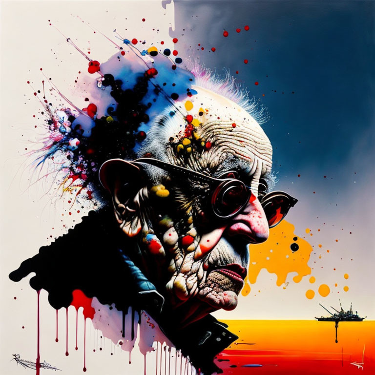 Detailed hyperrealistic portrait of an elderly person with dynamic colorful paint splatters in surreal background