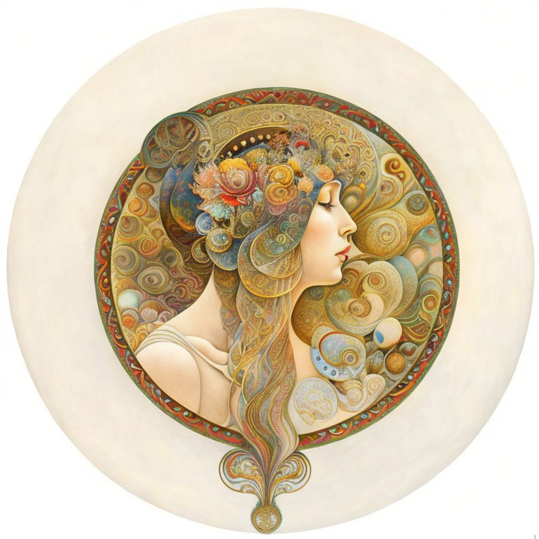 Profile view painting of woman with ornate swirl-patterned hair and colorful flowers on cream background