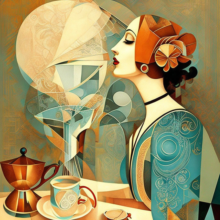 Art Deco Style Woman Illustration with Geometric Shapes and Coffee Theme