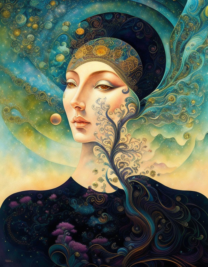 Vibrant cosmic and floral-themed woman artwork