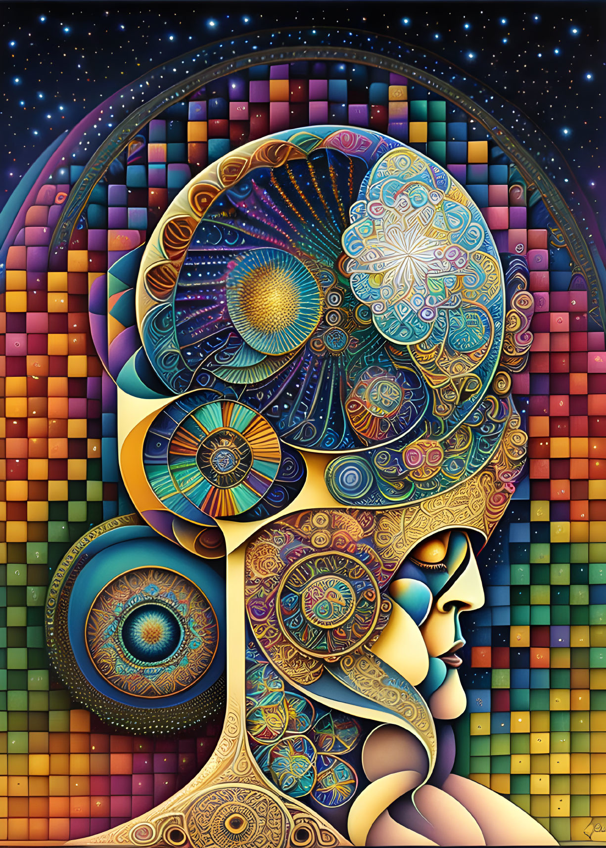 Colorful Psychedelic Faces Illustration on Mosaic Background