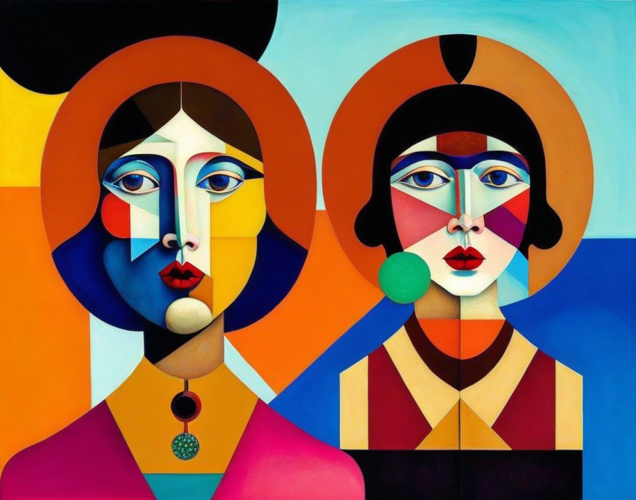 Vibrant Cubist painting of two women with bold colors and geometric shapes