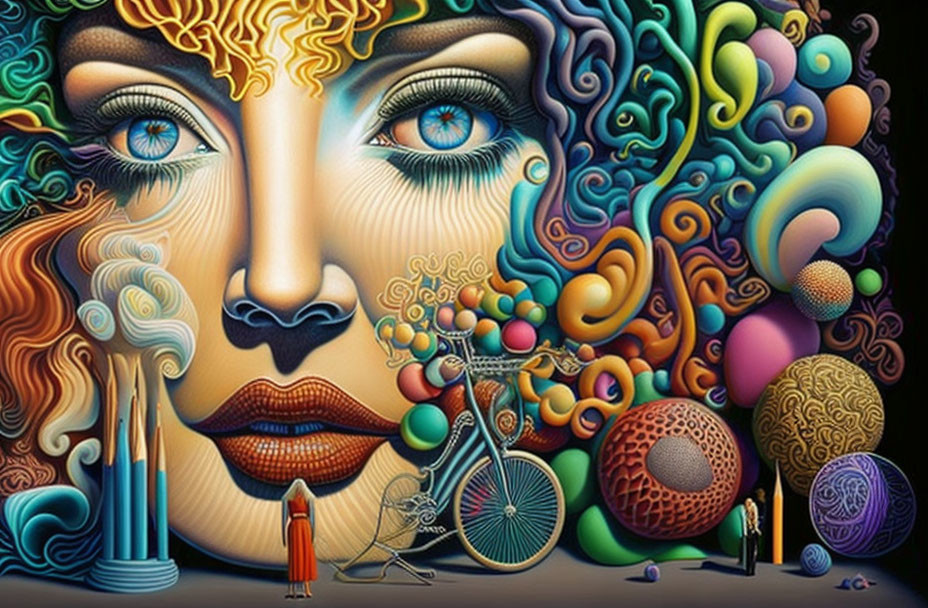 Colorful Psychedelic Portrait of a Woman with Surreal Elements