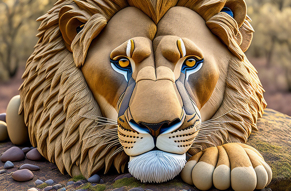 Detailed Lion Face Illustration Against Natural Backdrop with Vibrant Colors