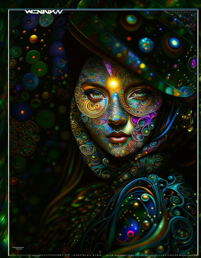 Colorful Woman with Psychedelic Patterns and Glowing Orbs Hat