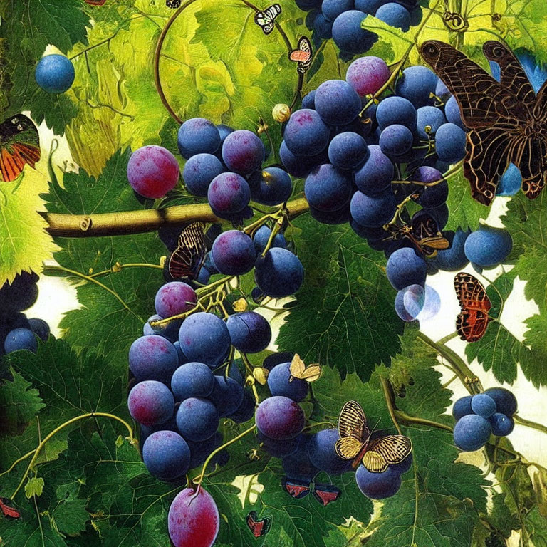 Colorful butterflies flutter around ripe purple grapes on the vine