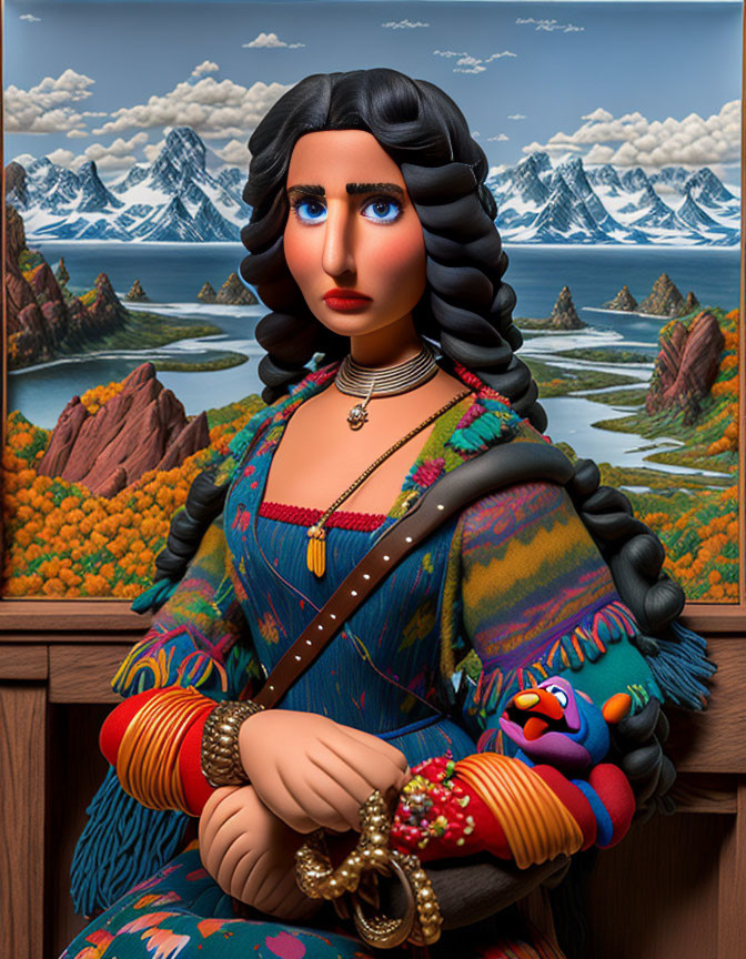 3D illustration of woman in traditional dress with mountain backdrop