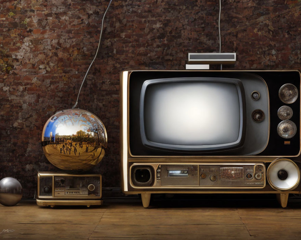 Vintage television, globe, tape recorder, and spherical objects on rustic wood floor.