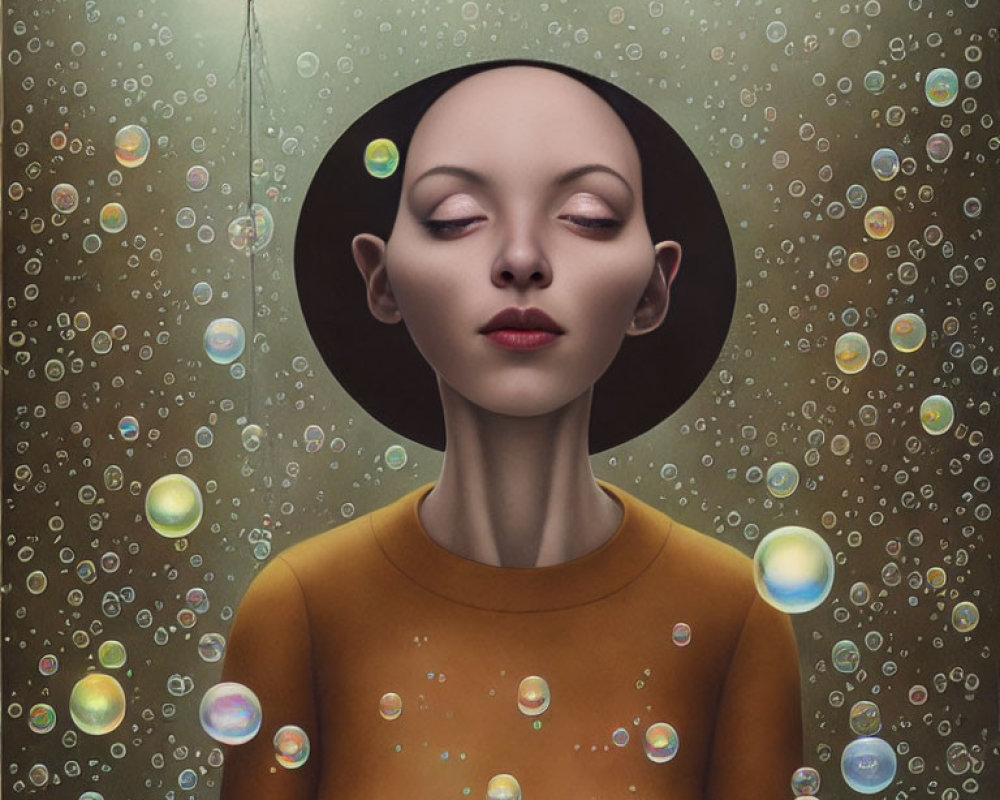 Serene woman surrounded by bubbles and heart balloon