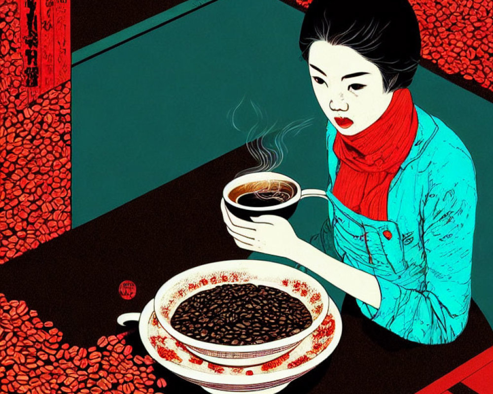 Illustration of woman in teal outfit with red scarf, holding cup near coffee beans on red-black background