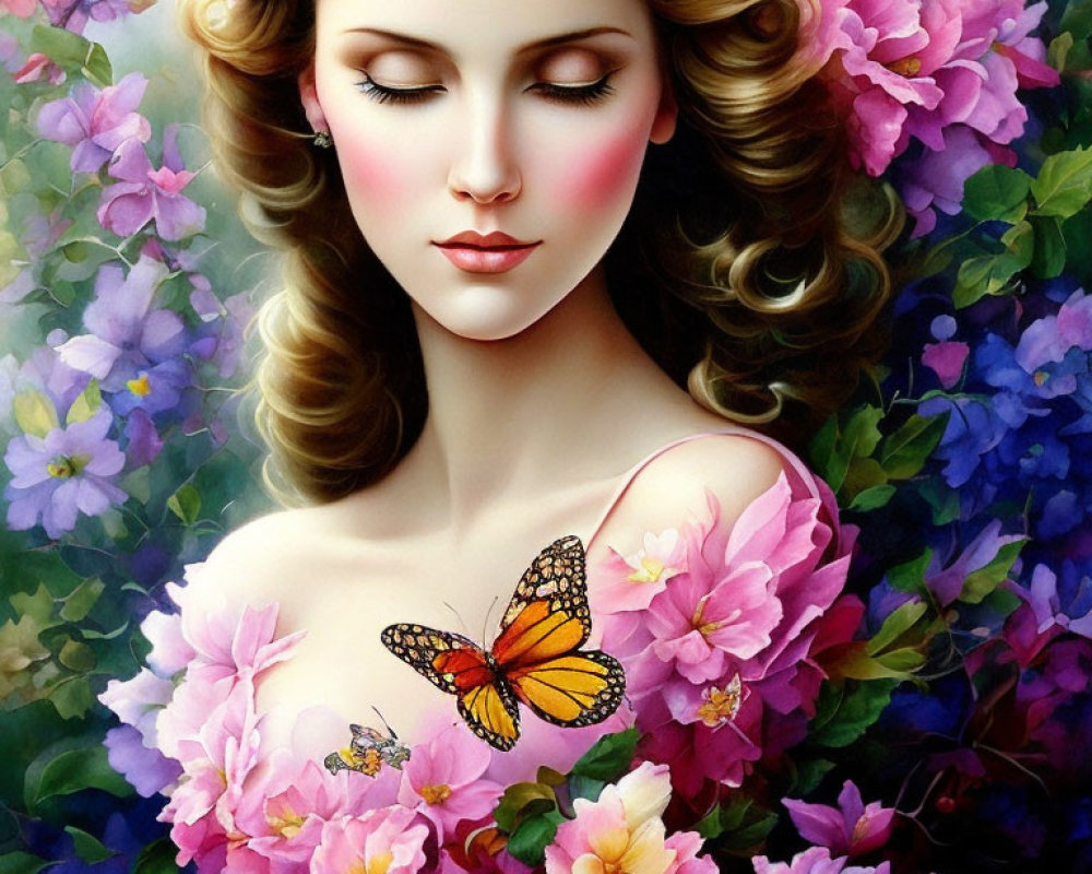 Illustrated woman surrounded by vibrant flowers and butterflies