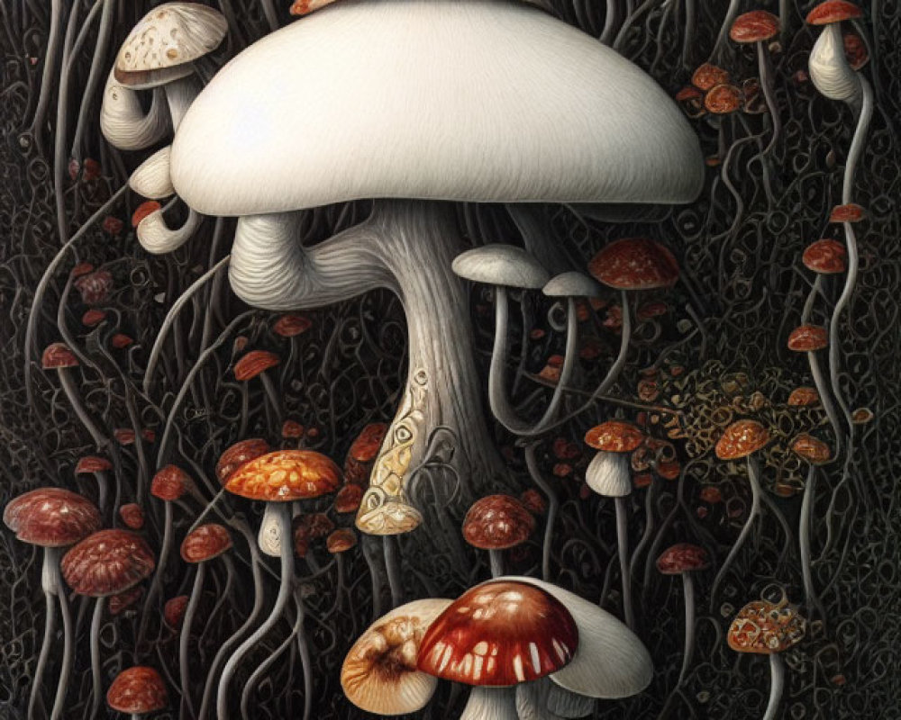 Intricate Mushroom Illustration on Dark Background