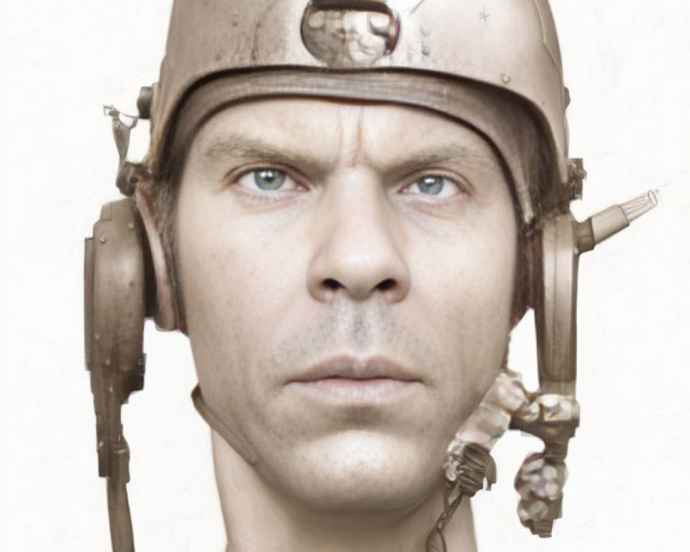 Man with Blue Eyes in Futuristic Brown Helmet with Antennas