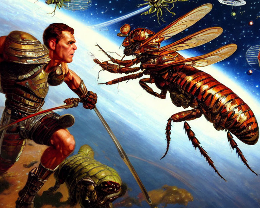 Futuristic warrior in armor battles giant wasps in space