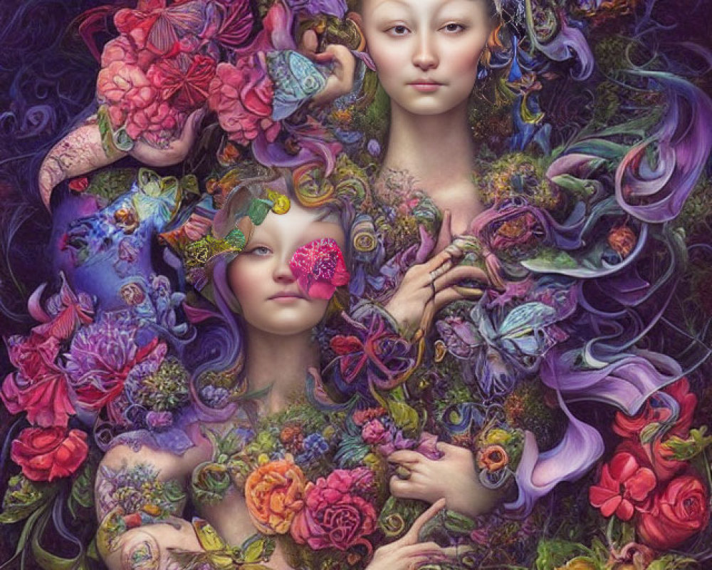 Colorful Artwork of Two Figures with Floral Motifs in Nature Scene