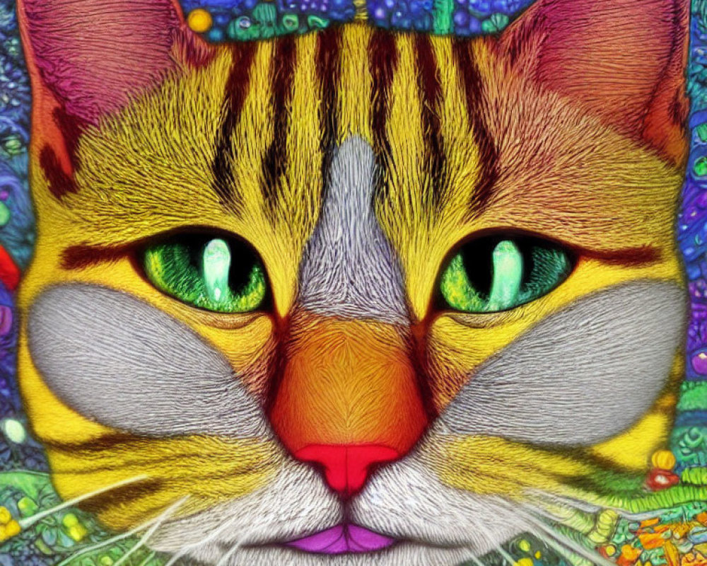 Colorful Cat Face with Vibrant Green Eyes and Intricate Pattern