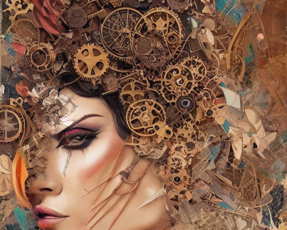 Surreal portrait of woman with mechanical gears and floral motifs