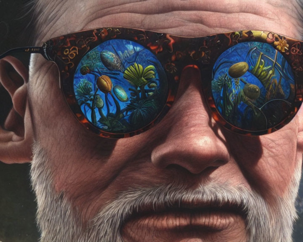 Elderly man's face with ornate sunglasses in surreal garden