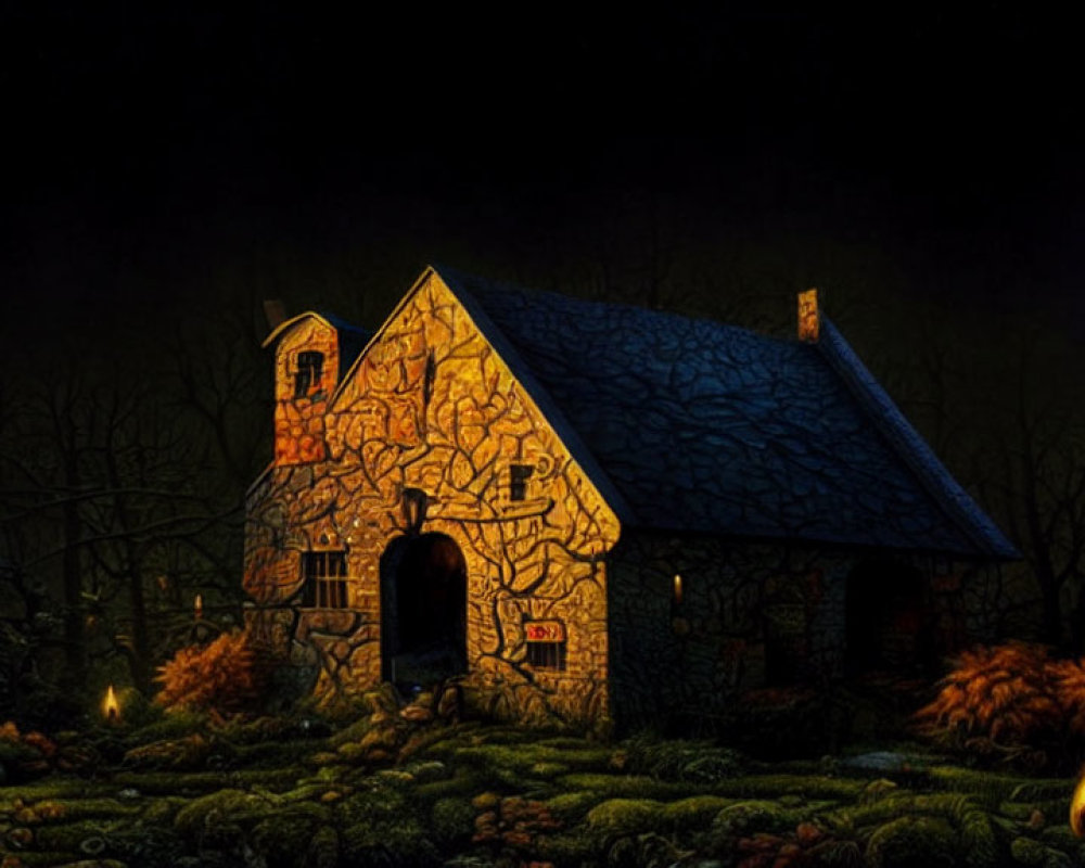 Stone cottage with blue roof illuminated at night in dark forest