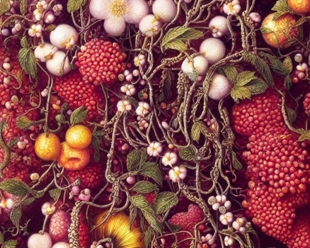 Detailed painting of assorted fruits with green vines and red berries.