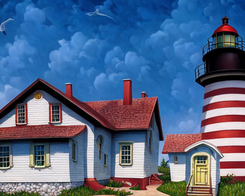 Scenic red and white lighthouse by white house with red roof under blue sky