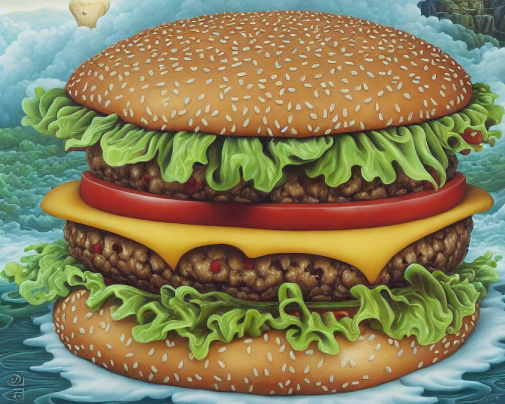 Surreal cheeseburger with lettuce layers in ocean setting, hot air balloon, and ruins.