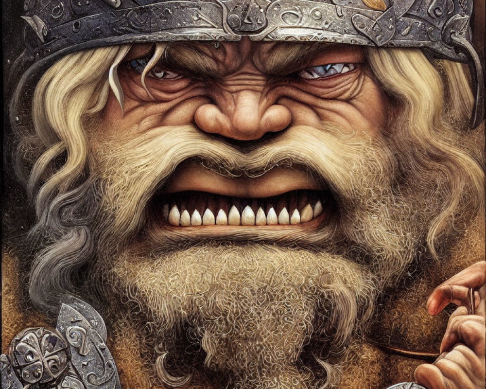 Detailed illustration of angry Viking warrior with furrowed brow, metal helmet, white beard.