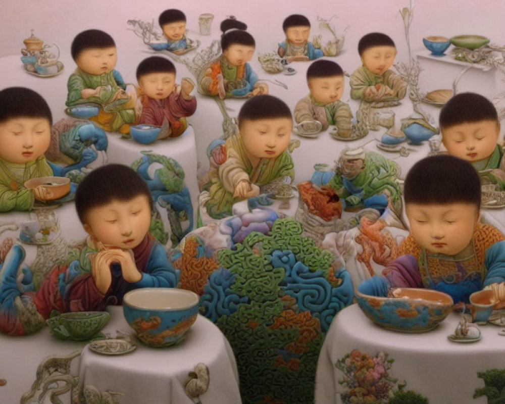 Surreal illustration: Asian children in traditional attire with colorful bowls in dreamlike setting