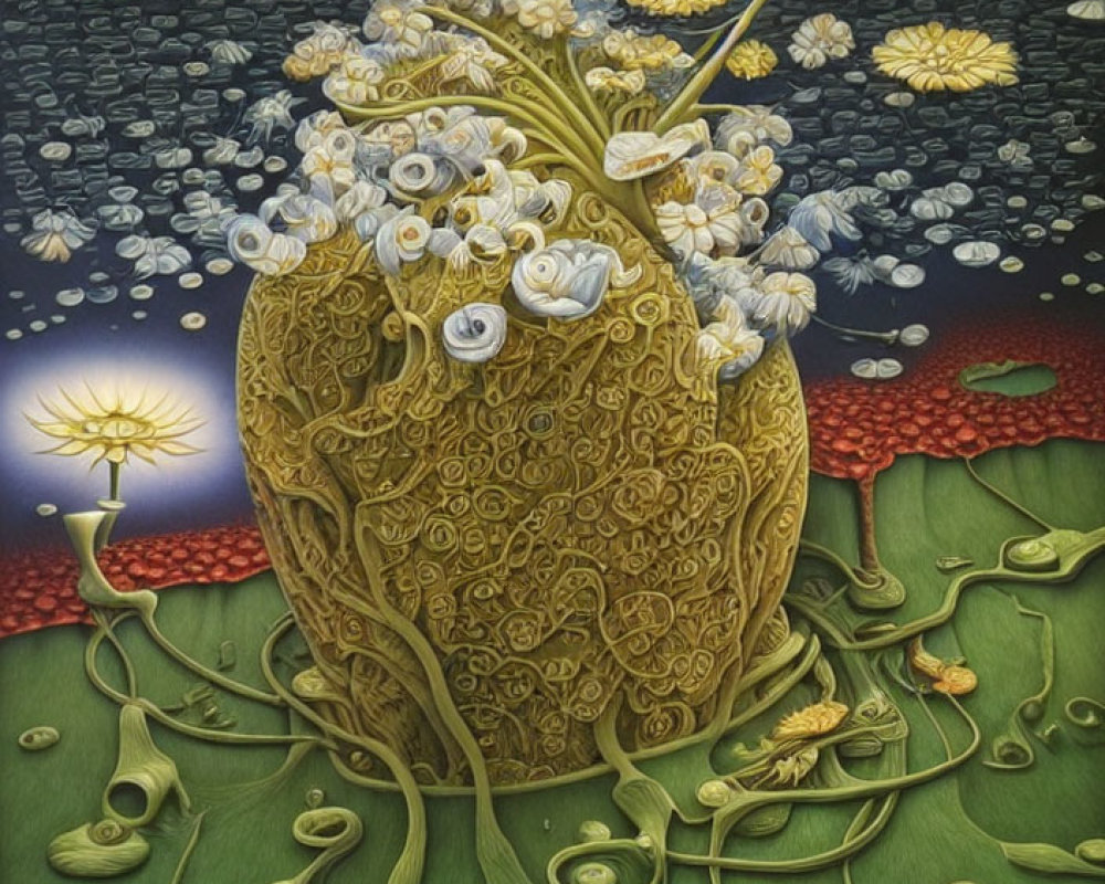 Surreal painting of pear-shaped vase with flowers and intricate patterns on night background.