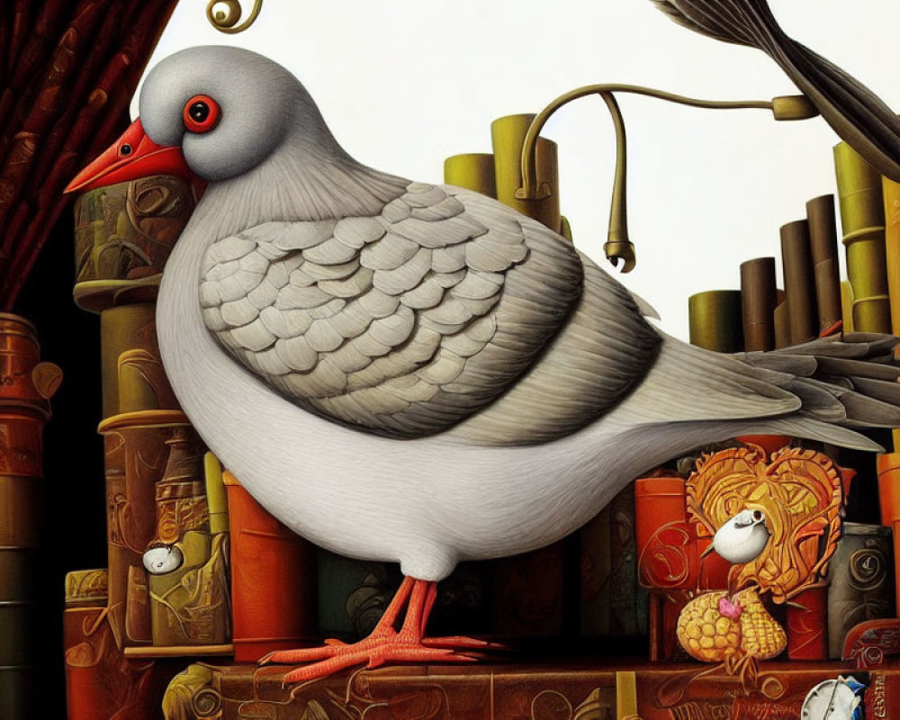 Pigeon perched amidst books, clocks, and heart-shaped artifacts