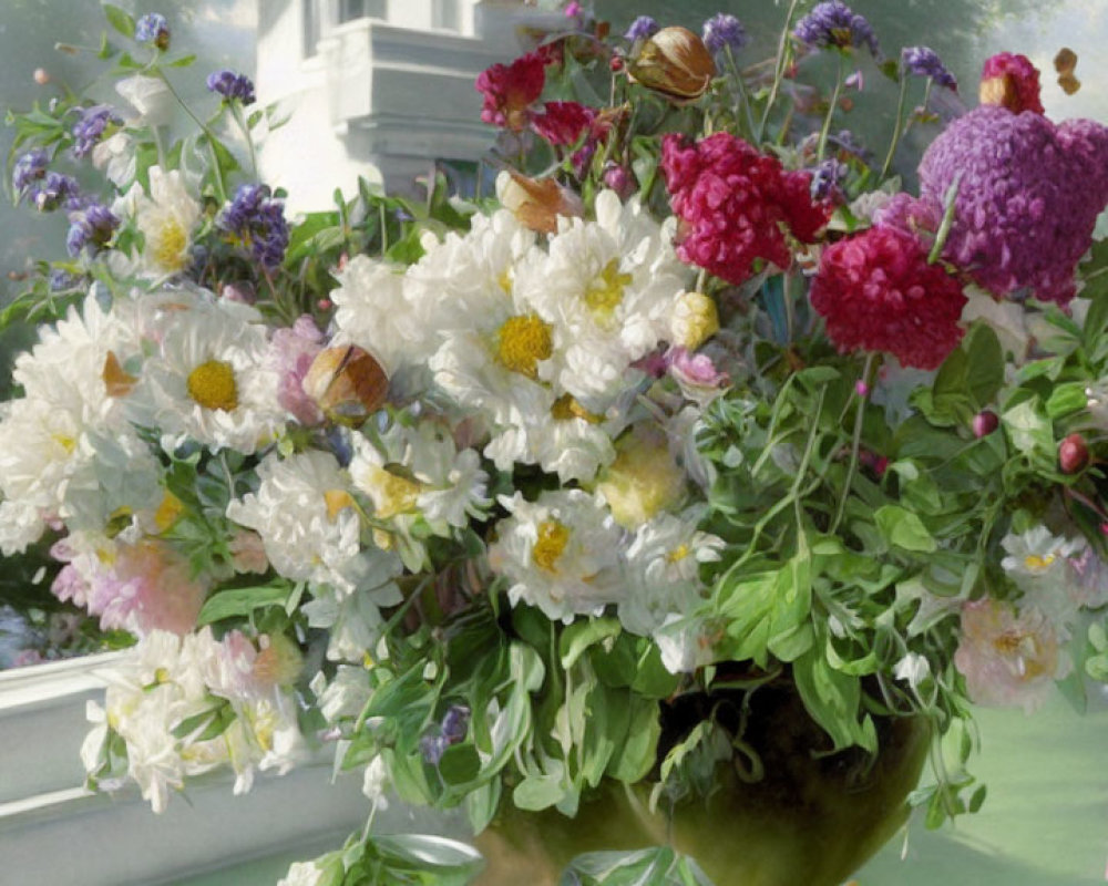 Colorful Flower Bouquet in Vase by Window Greenery