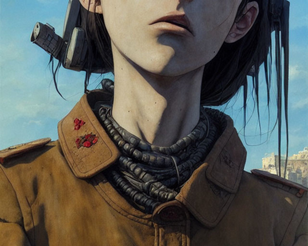 Pale figure with mechanical enhancements in military jacket against blue sky