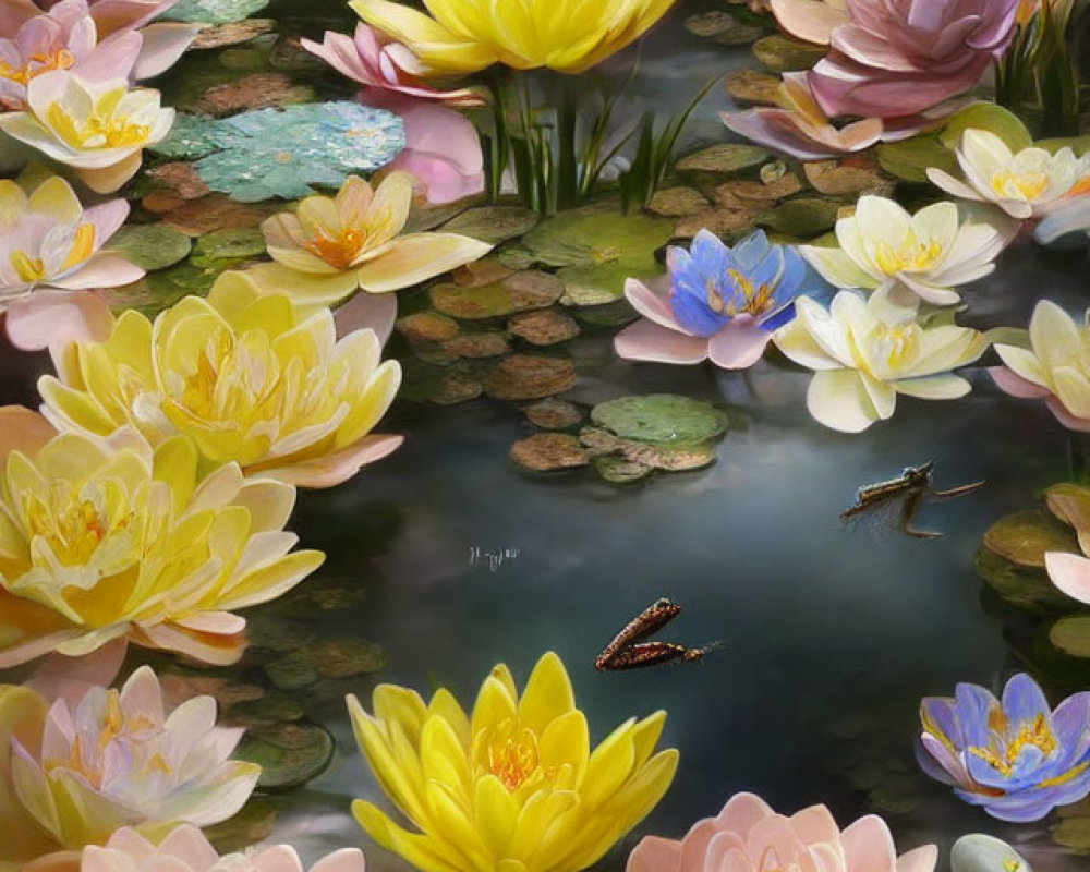 Tranquil pond with pink and yellow water lilies, frogs, and lily pads