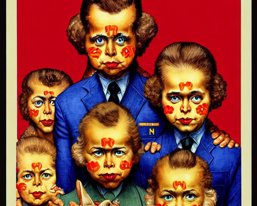 Surreal Family Portrait with Exaggerated Clown Features on Red Background