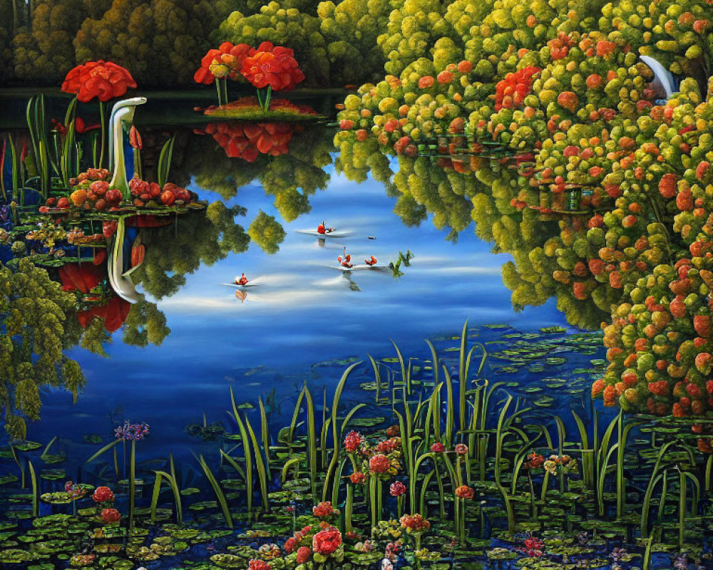 Scenic lakeside view with greenery, red flowers, lilies, and a swan