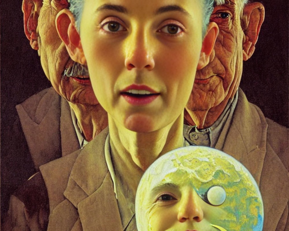 Surreal collage featuring woman's face, earth-like sphere, and aged men's faces.