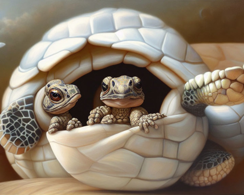 Animated tortoises in soccer ball shell with waving gesture and whimsical vibe.