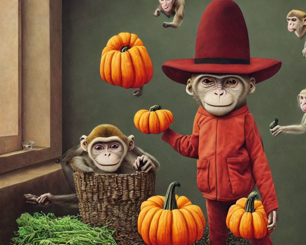 Monkeys in human clothes with pumpkins and greenery in a playful room