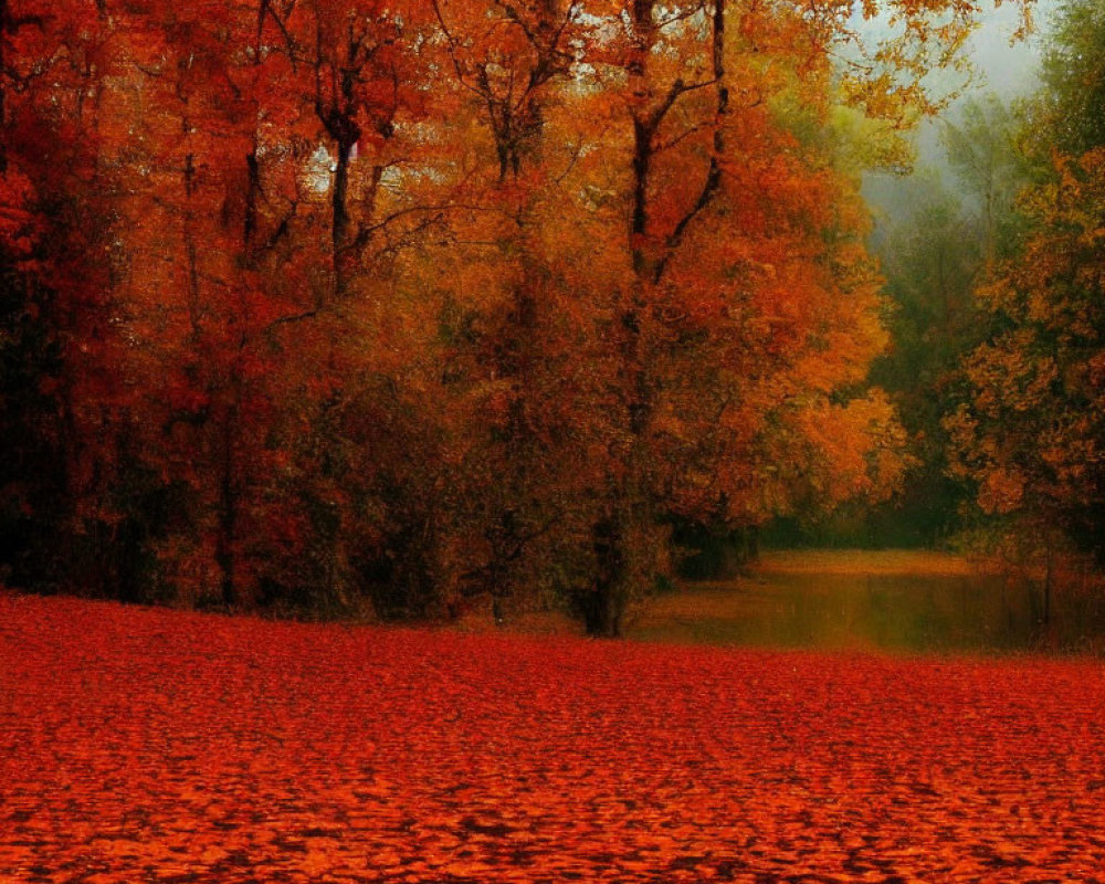 Vibrant autumn foliage covering trees in serene forest scene