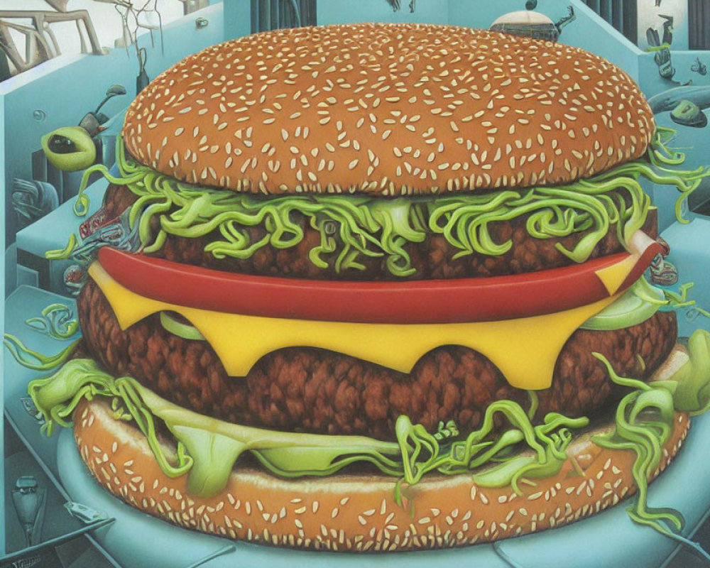 Surreal illustration of giant hamburger with oversized ingredients in room with small blue creatures