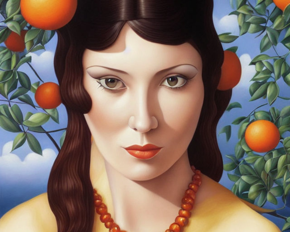 Portrait of Woman with Dark Hair in Orange Beads on Blue Background with Fruit and Leaves