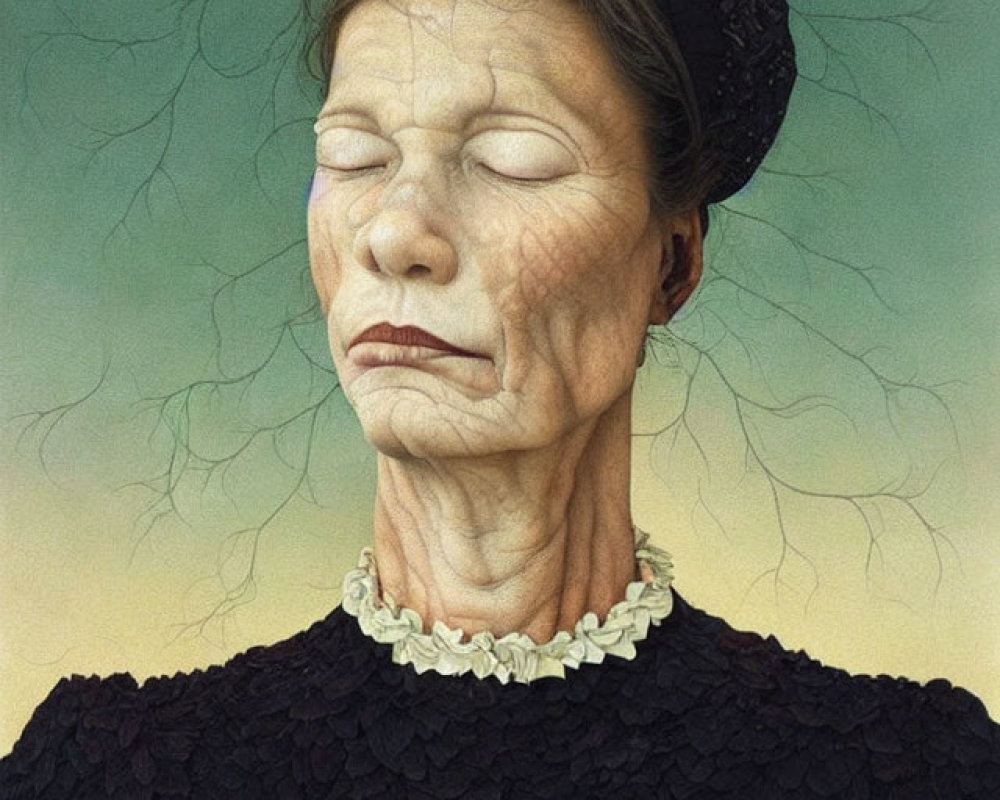 Detailed painting of elderly lady with closed eyes, beaded hat, textured outfit, and white necklace